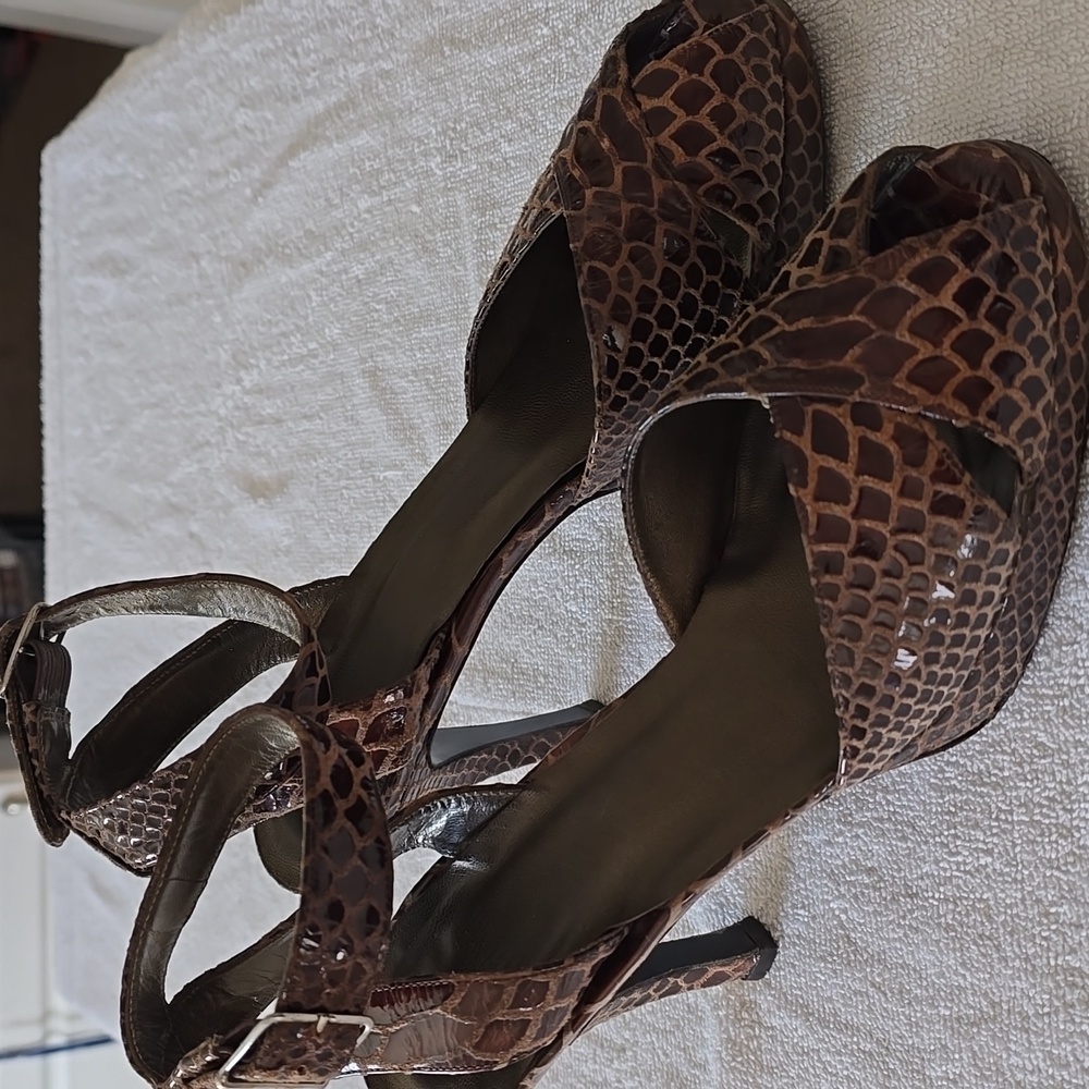 Stuart Weitzman Brown Croc Peeptoe Platforms